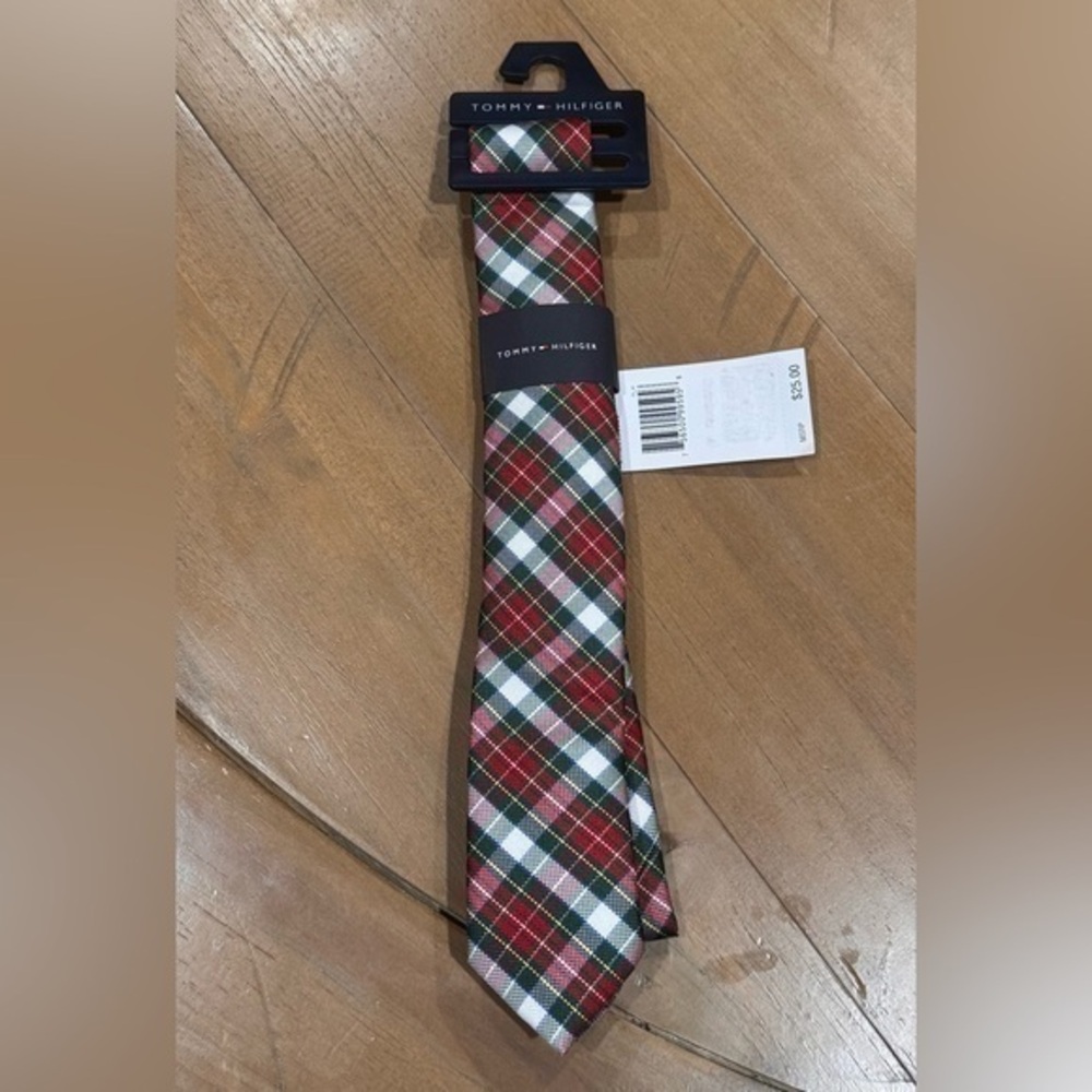 Tommy Hilfiger Holiday Tartan Tie Boys Red Multi Bar Tack Keeper Loop